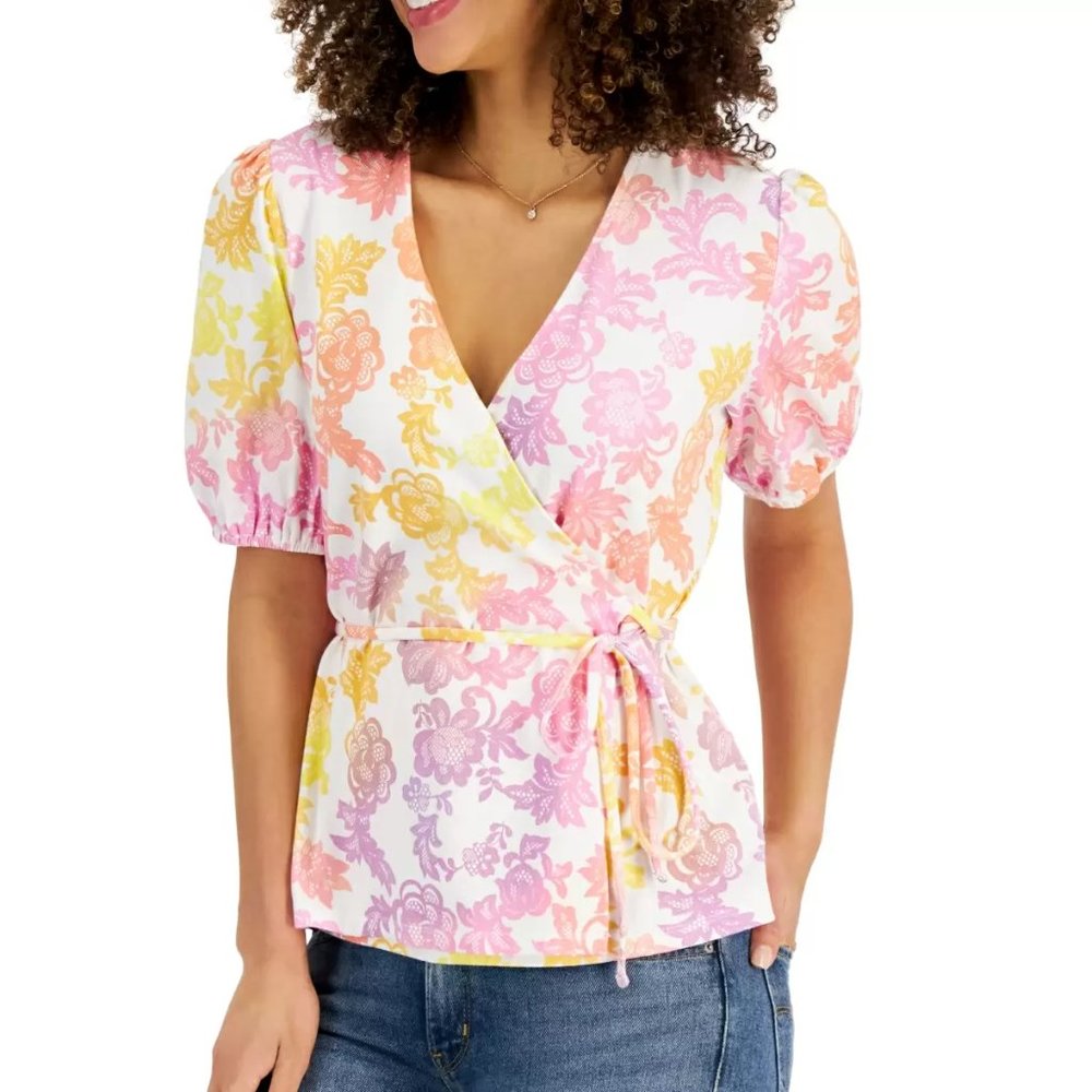 Charter Club Wrap-Front Puff-Sleeve Printed Top - Large
